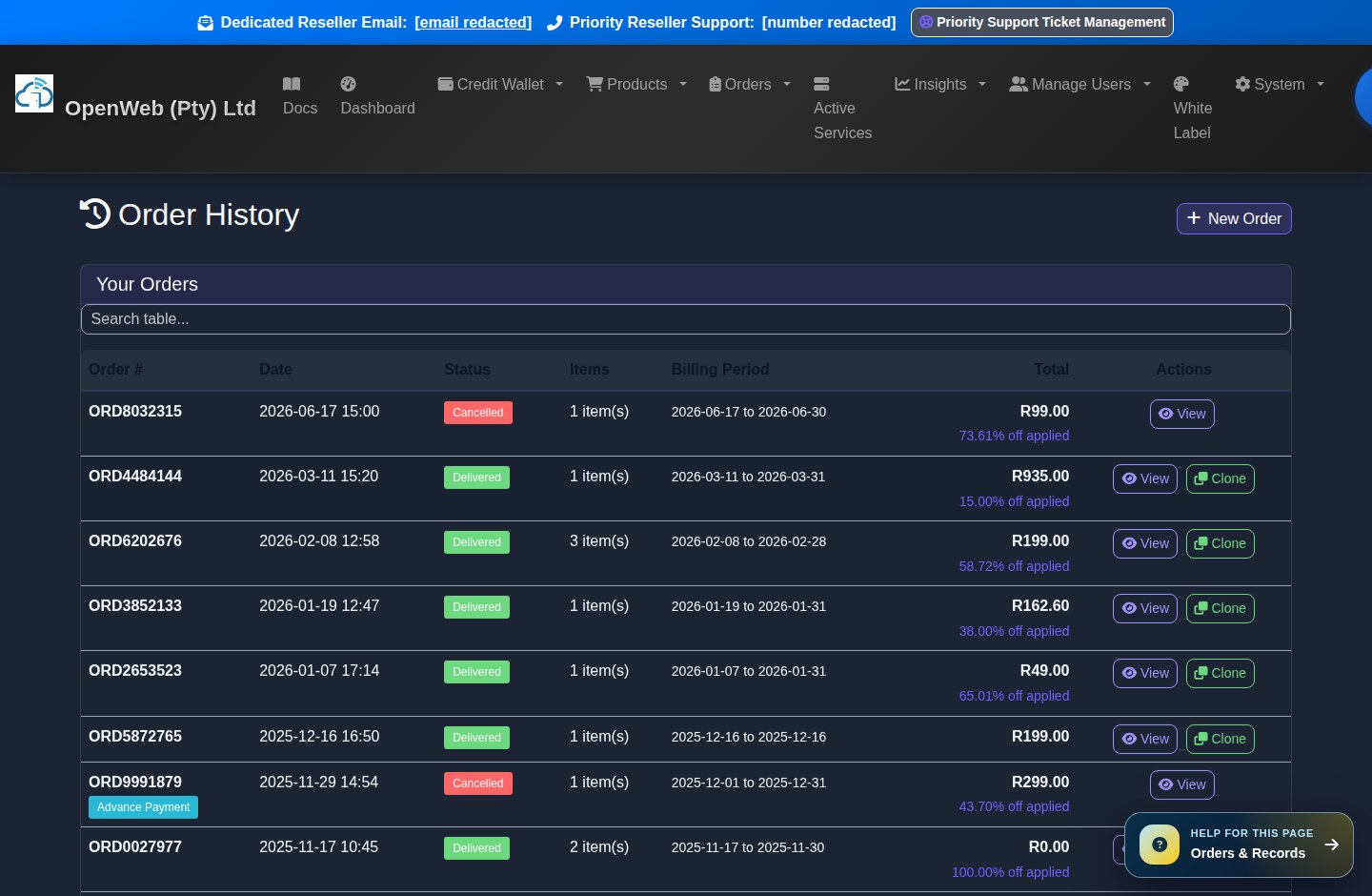 Current OpenWeb reseller panel screenshot: Order history